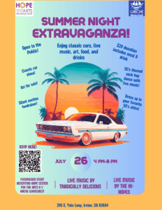 Poster for "Summer Night Extravaganza" featuring a classic car, palm trees, event details, date, and entertainment information.